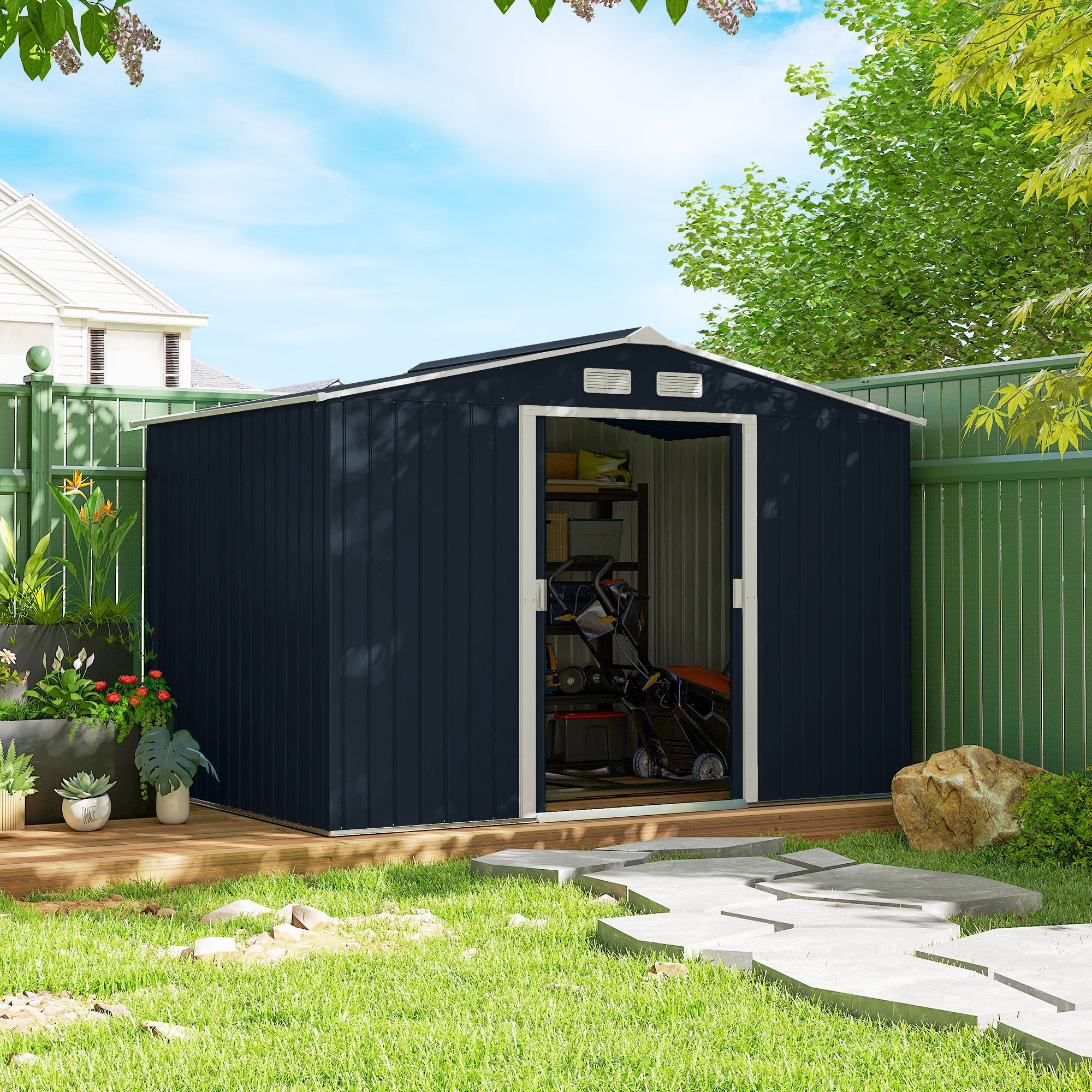 Abri jardin 4,9 m² fondation 4 bouches aération 2 portes coulissantes tôle acier outils, 277x195x192 cm, gris foncé - 4