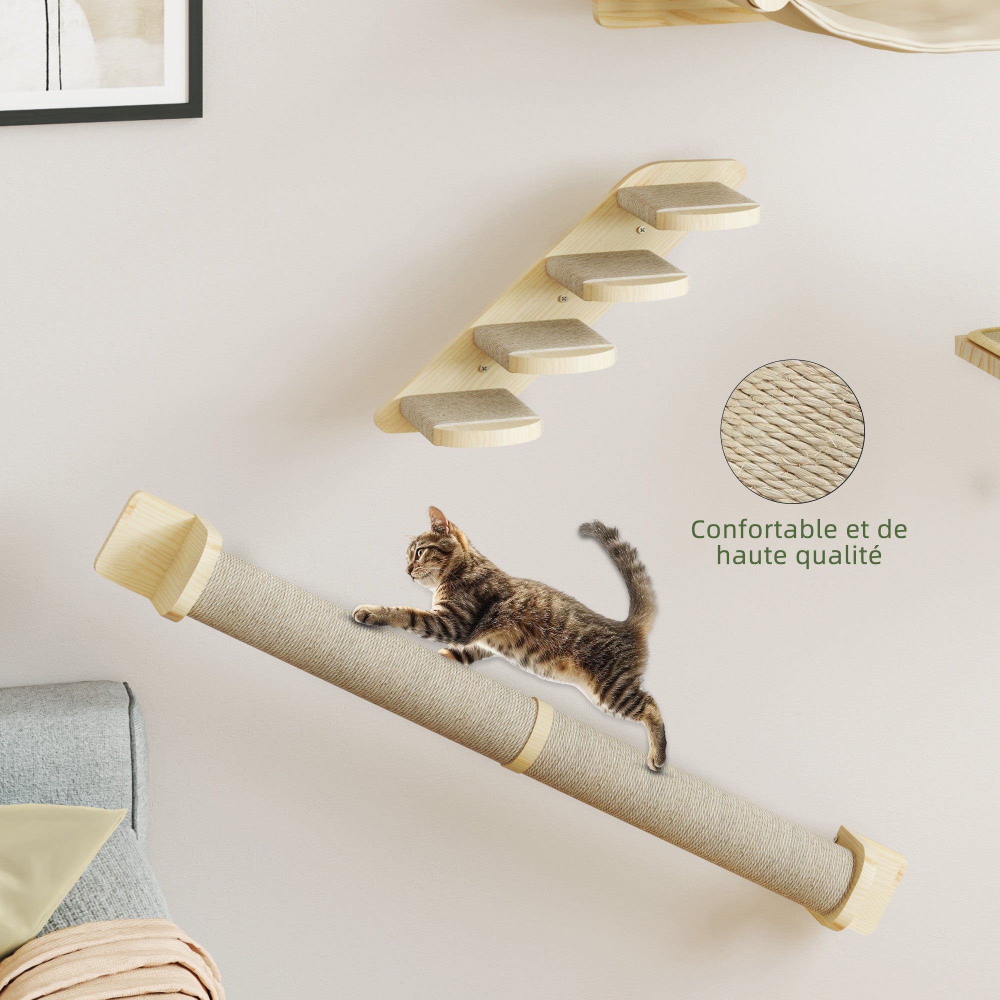 Balconera Ensemble de murs d'escalade pour chat 7 pièces, arbre à chat avec 3 griffoirs et 4 marches, montage mural, beige - 7