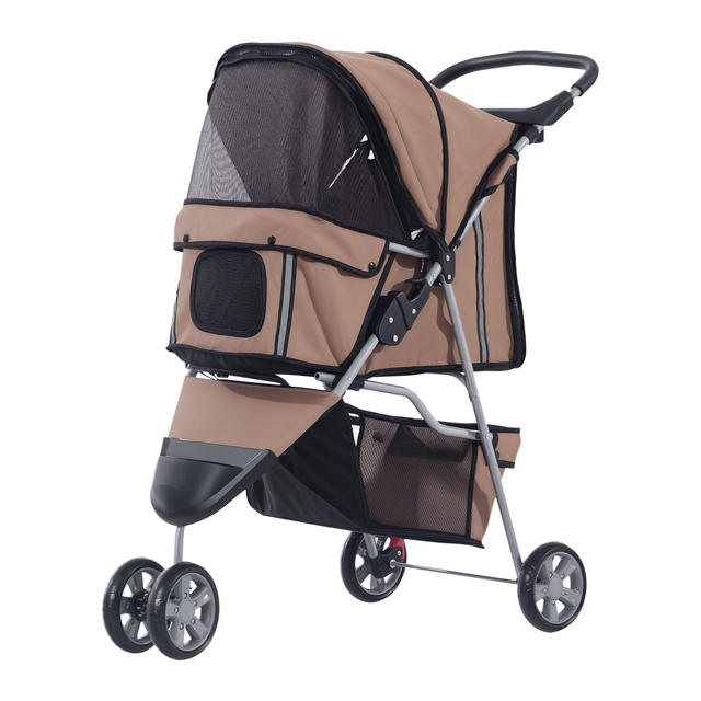 PawHut carrinho dobrável para cães/gatos. Tecido Oxford 600D, aço. Dim: 75x45x97cm. Com porta-copos, cesto, rodas com freio. Marrom.