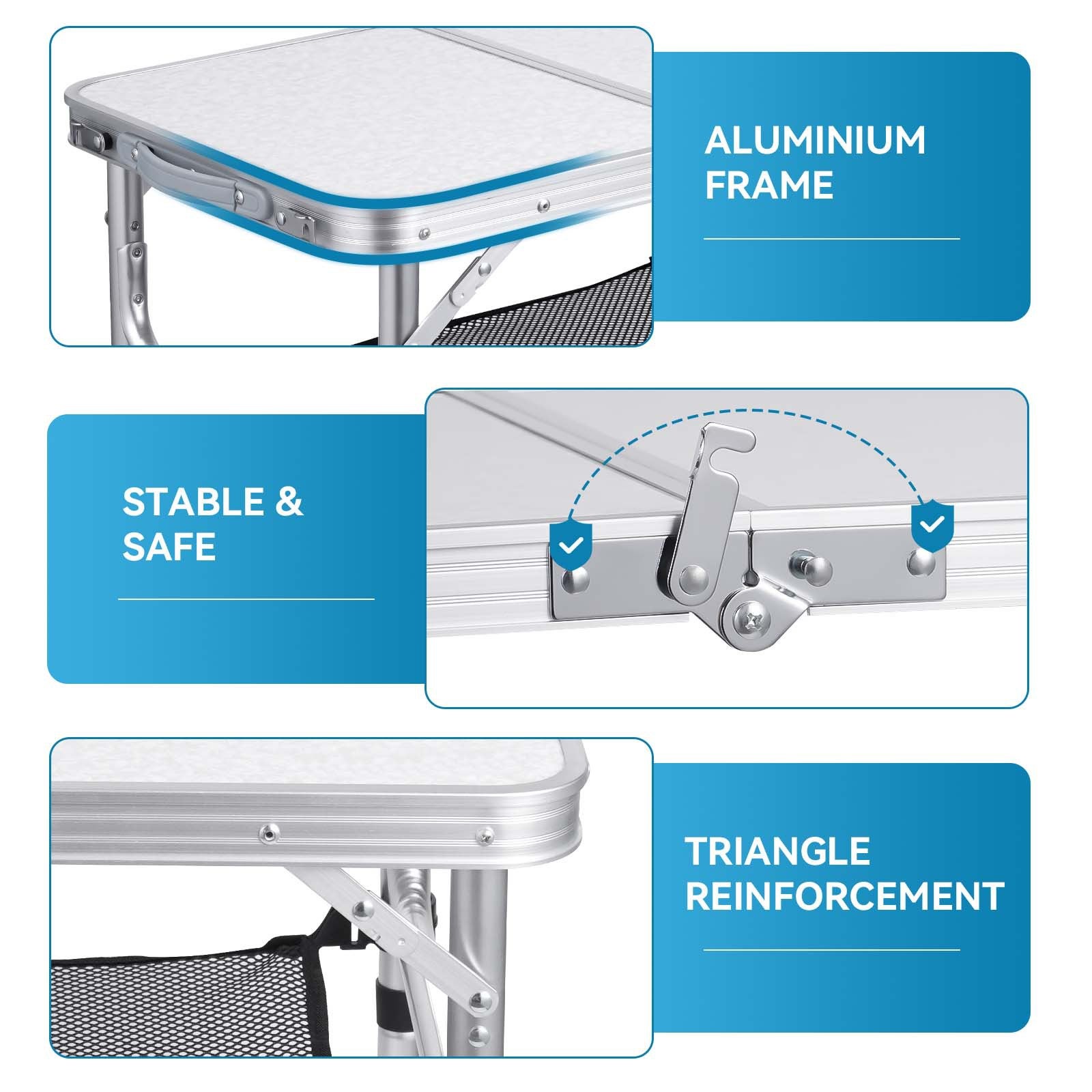 Table de camping pliable petite taille, 60 x 40cm, en aluminium, pieds réglables en hauteur, pour intérieur, extérieur, pique-nique et camping - 7