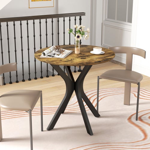 Mesa de comedor redonda moderna con base de acero spider, mesa de café rústica marrón para 2 personas, ø78x75 cm
