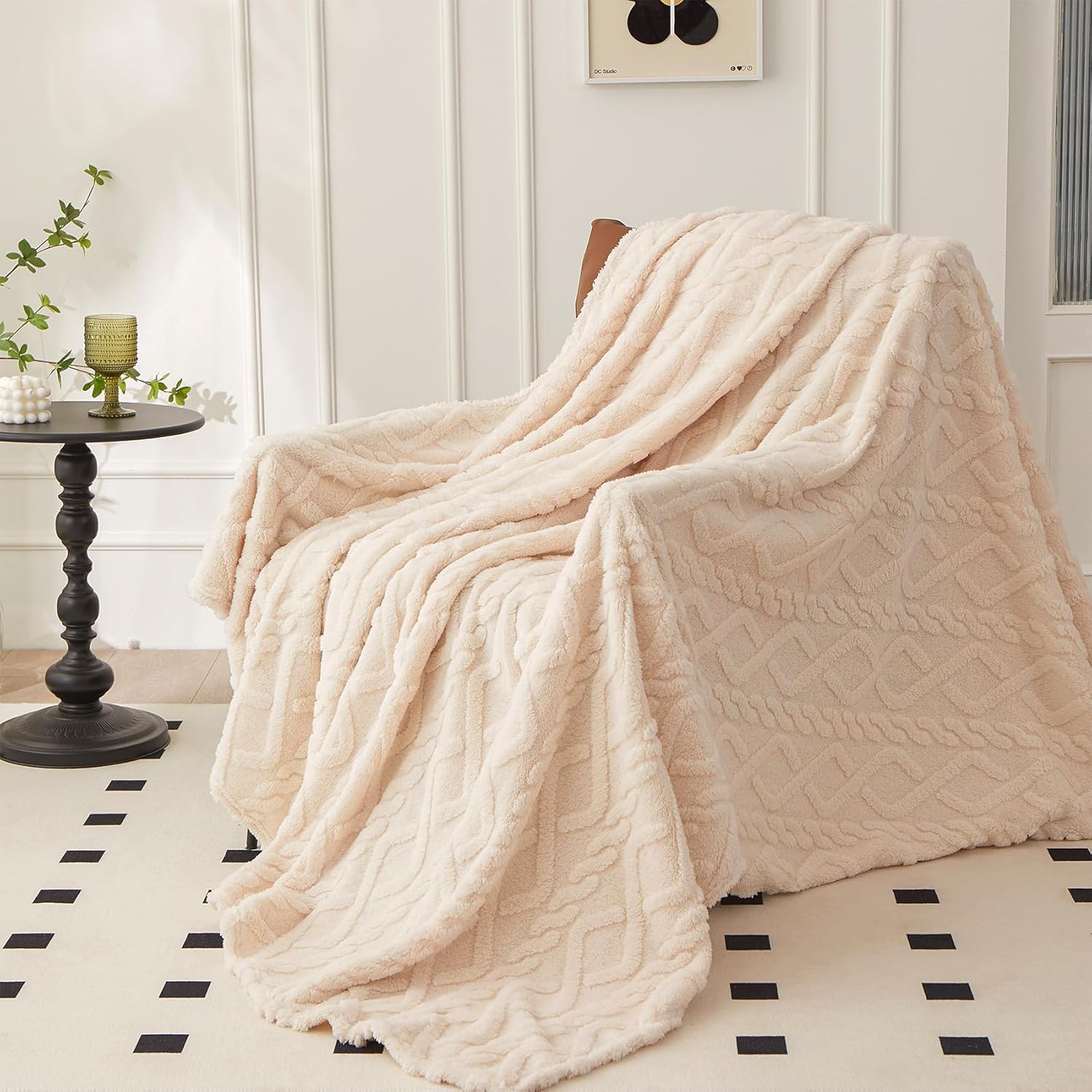 Manta cálida de franela para sofá, manta de punto de cable 3d, manta de microfibra mullida para cama, 200*230cm, beige