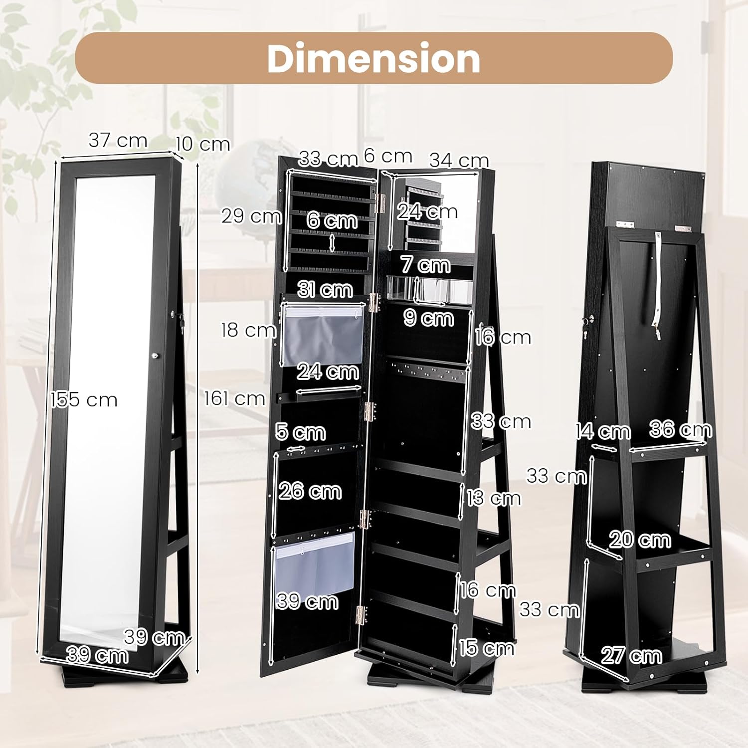 Armoire à Bijoux Pivotante à 360 Degrés sur Pieds,avec Grand Miroir Psyché et Etagère de Rangement à L’Arrière (Noir) - 3