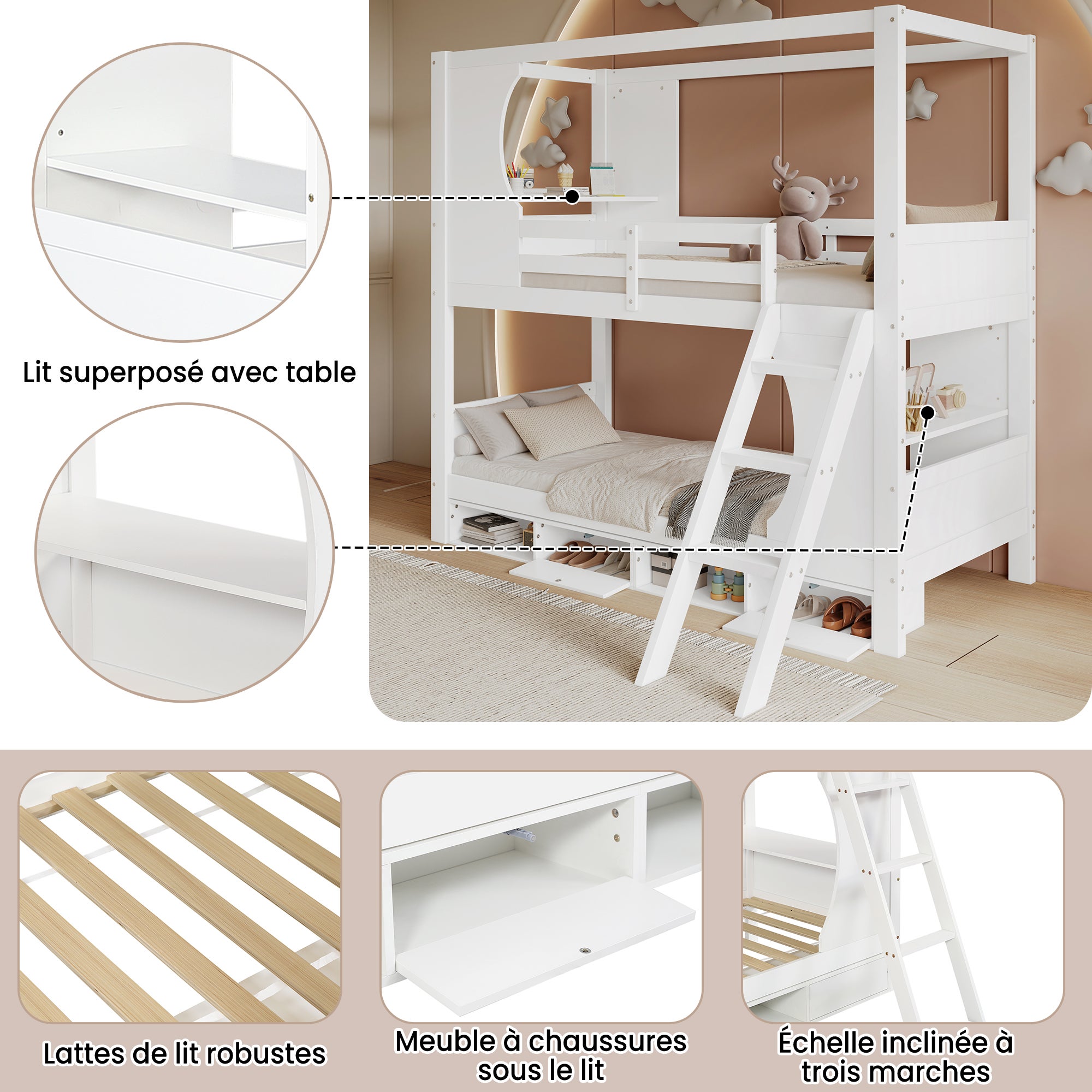 Letto a castello 90x200cm, letto per bambini con sponda di sicurezza, con tavolo, scarpiera con quattro scomparti - 7