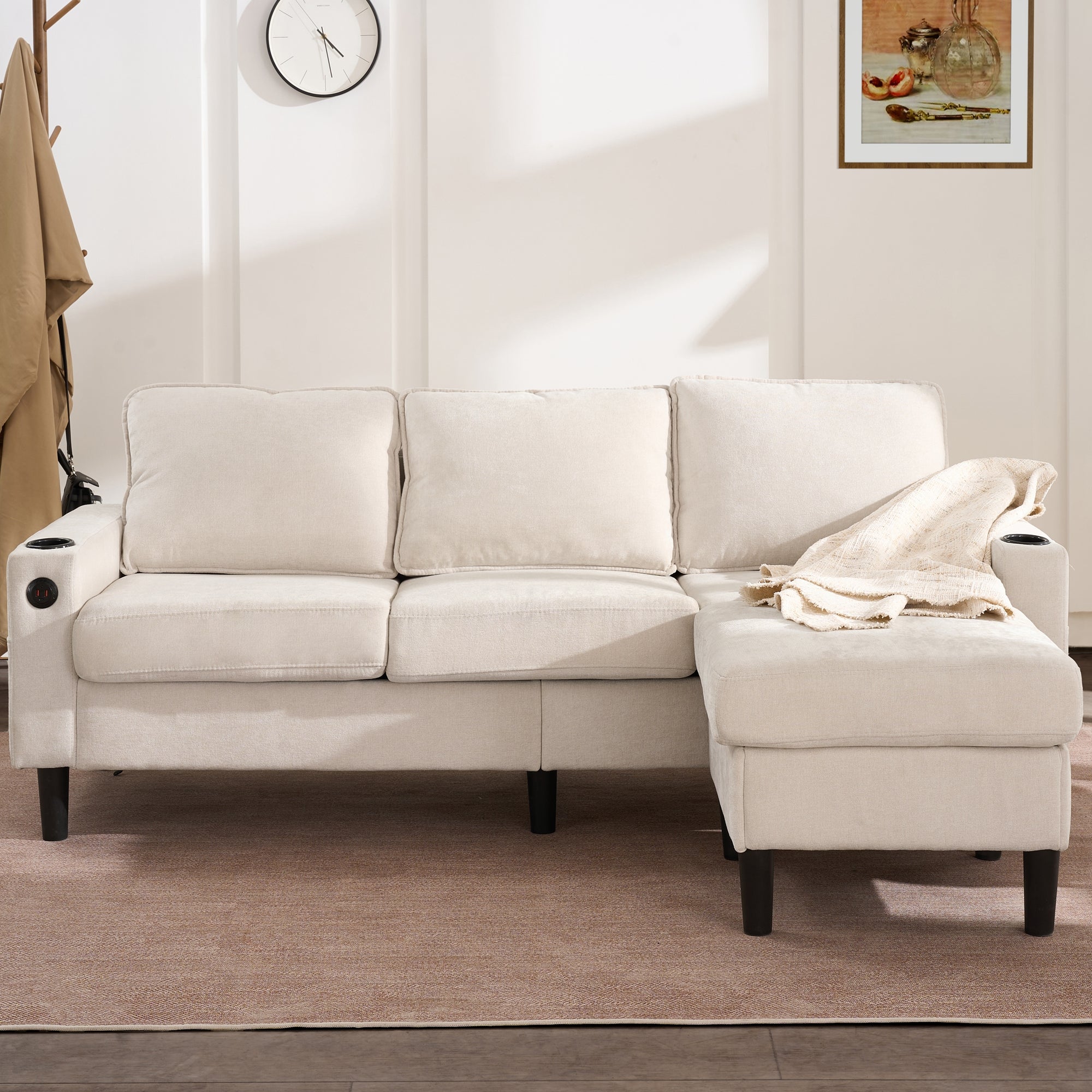 Sofa tapicerowana 3-osobowa - z portami USB i Type-C - z dwoma uchwytami na kubki - Sofa w kształcie litery L z funkcją spania - Beżowa - 2