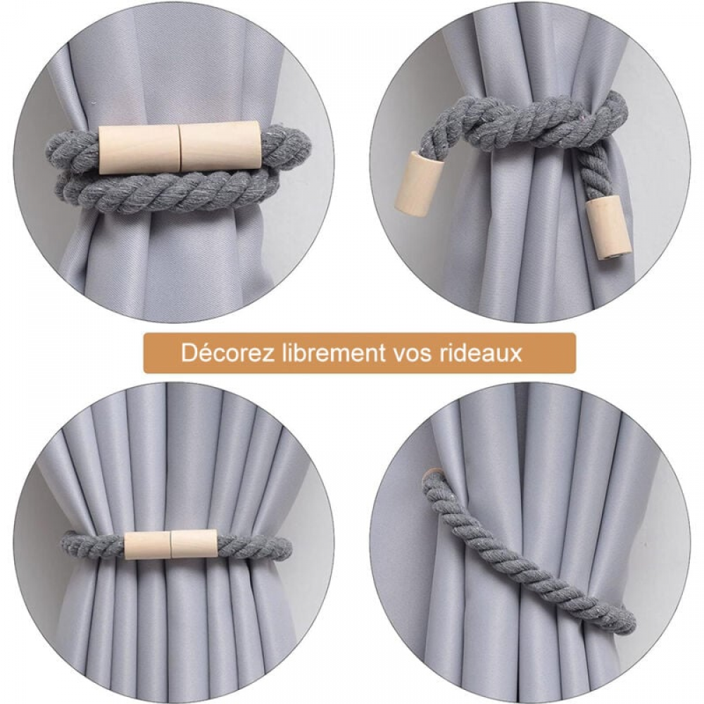 Zestaw 2 magnetycznych drewnianych podpórek do zasłon, bawełniany sznurek w stylu boho, do dekoracji domu i biura (szary*1) - 4