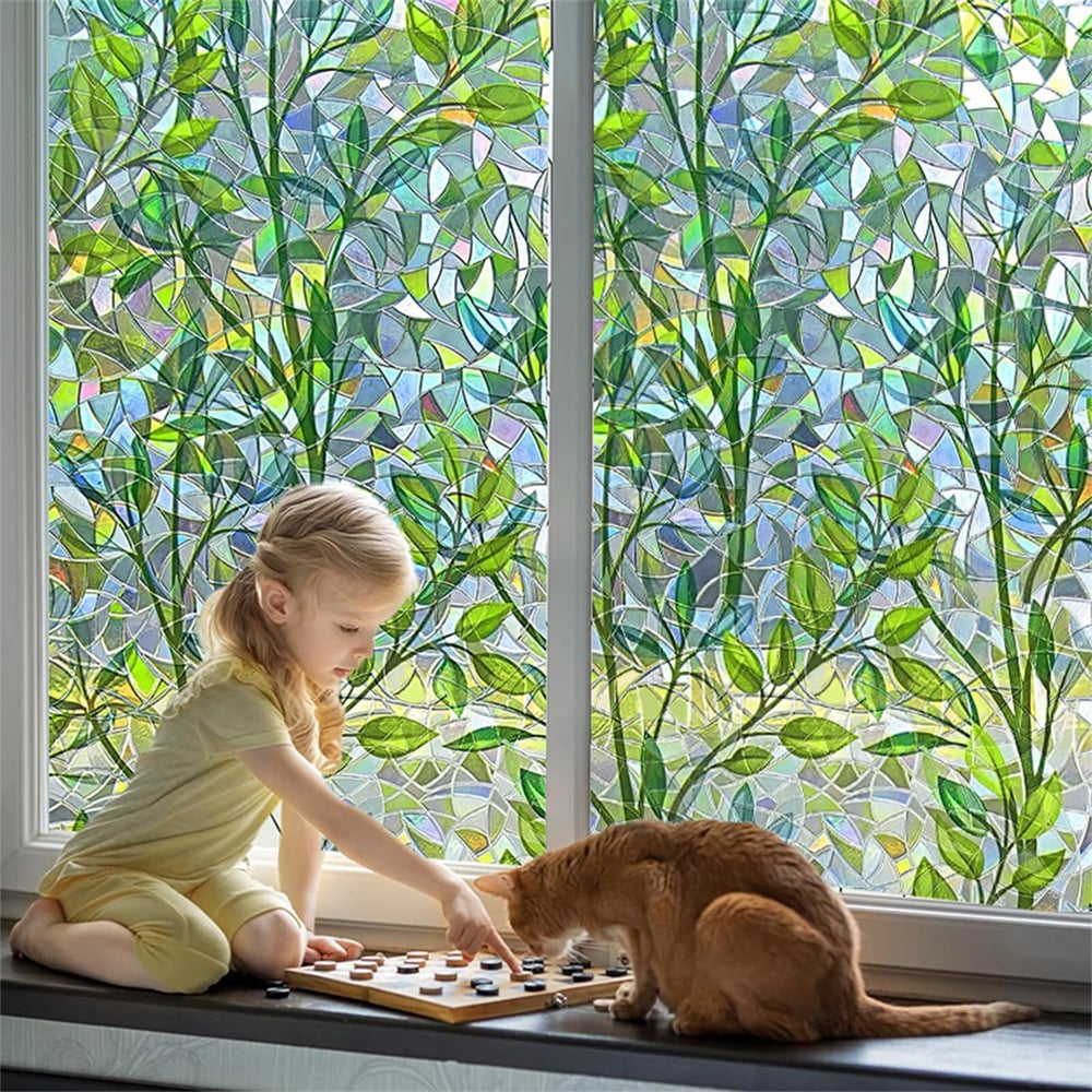 Folia okienna z motywem liści, 45 x 200 cm - Wysokiej jakości naklejka witrażowa zapewniająca prywatność wewnątrz i na zewnątrz