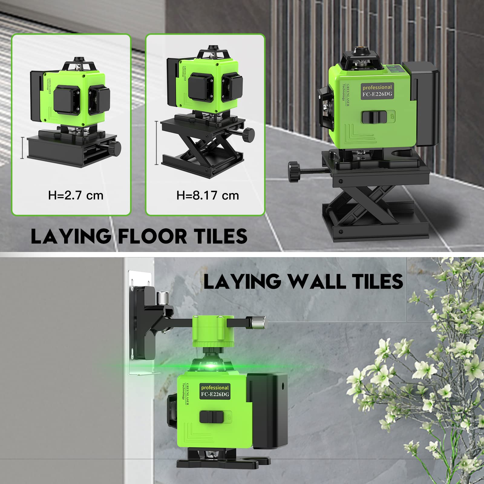 Laser 360°x 4, Autonivelant Niveau Laser Vert Chantier à Ligne Croisée Verticale et Horizontale 3D, IP54, avec Sac de Protection et 2 Piles AA - 2