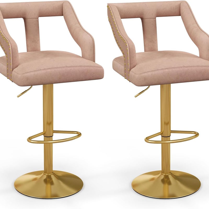 Zestaw 2 Obrotowych Stołków Barowych z Holenderskiego Aksamitu, Regulowane Krzesła Barowe z Wyciętym Oparciem, Stołki Barowe (Różowe)
