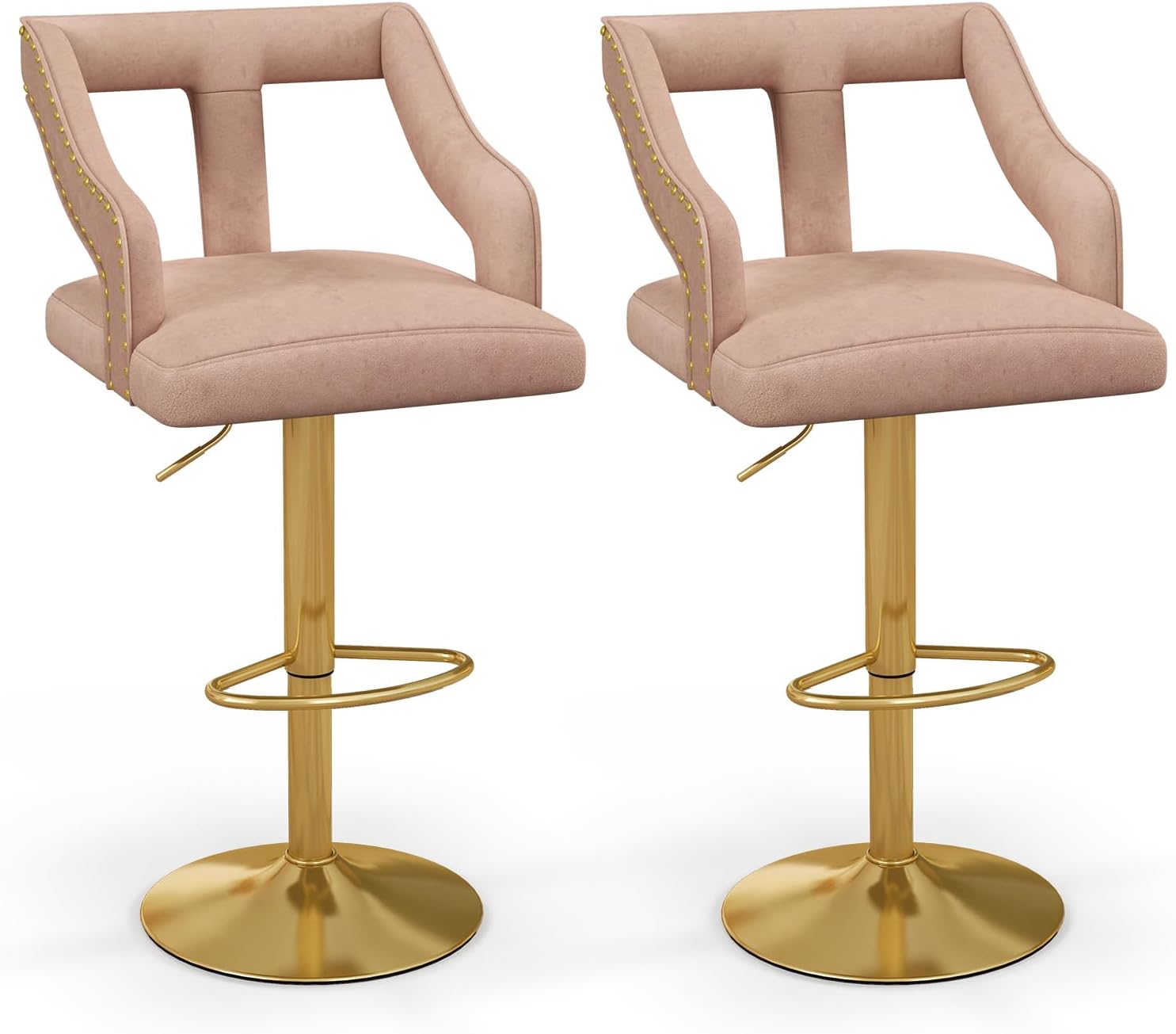 Zestaw 2 Obrotowych Stołków Barowych z Holenderskiego Aksamitu, Regulowane Krzesła Barowe z Wyciętym Oparciem, Stołki Barowe (Różowe)