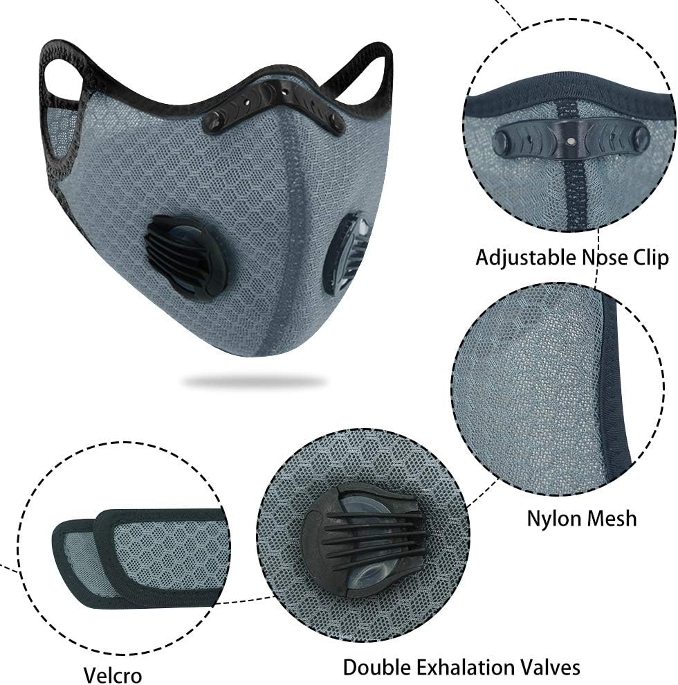 4 masques anti-poussière de sport + 12 filtres à charbon actif, réutilisables, travail du bois, tonte et course, cyclisme gris - 3