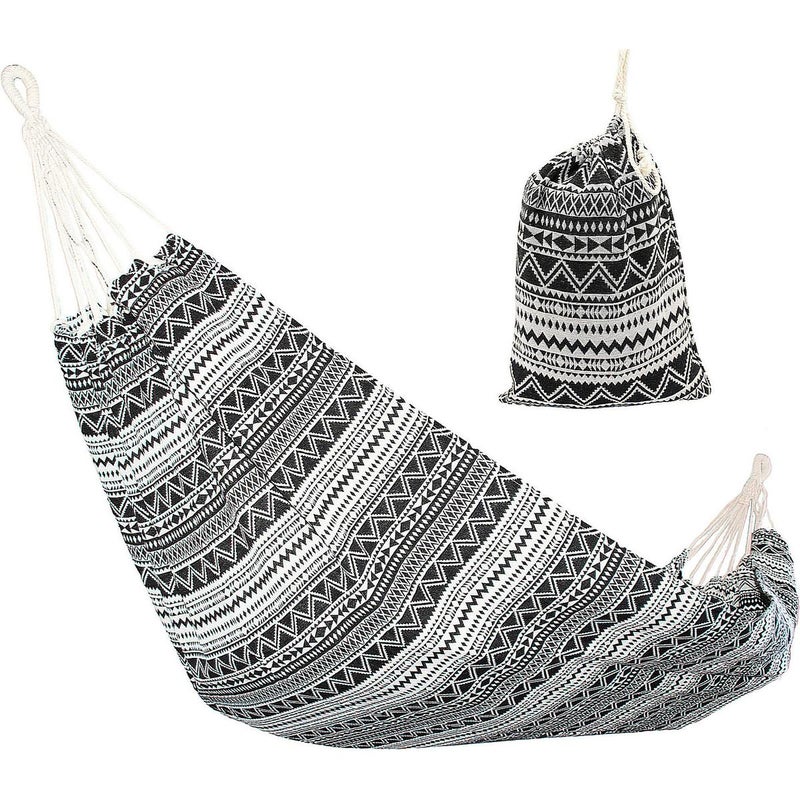 Hamak ogrodowy 1 osobowy 200x100 cm Etno z pokrowcem czarno biały
