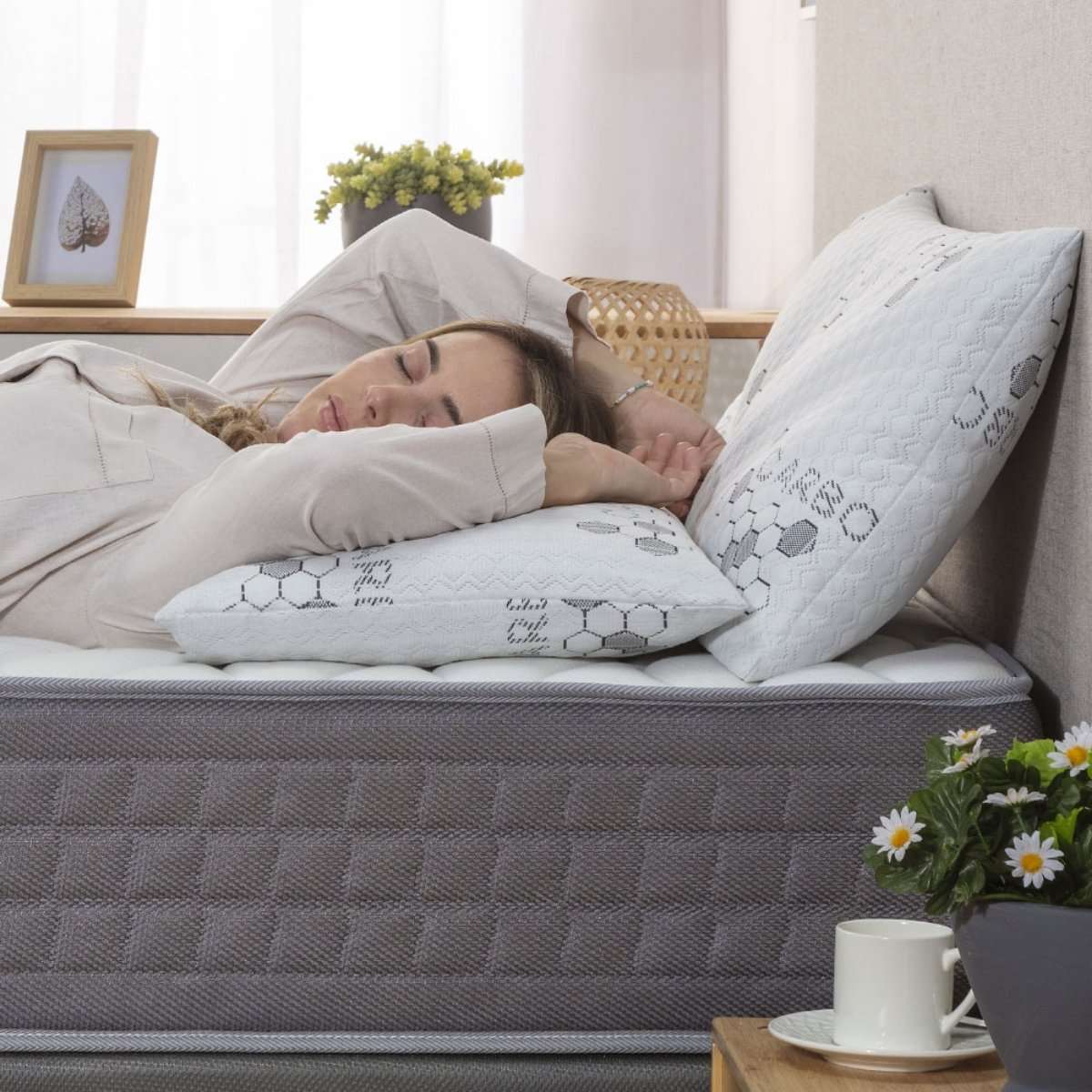 Nalui Almohadas Copos Viscoelástica Carbono Blanco Pack 2 (70x38 cm), Firmeza Media - 6