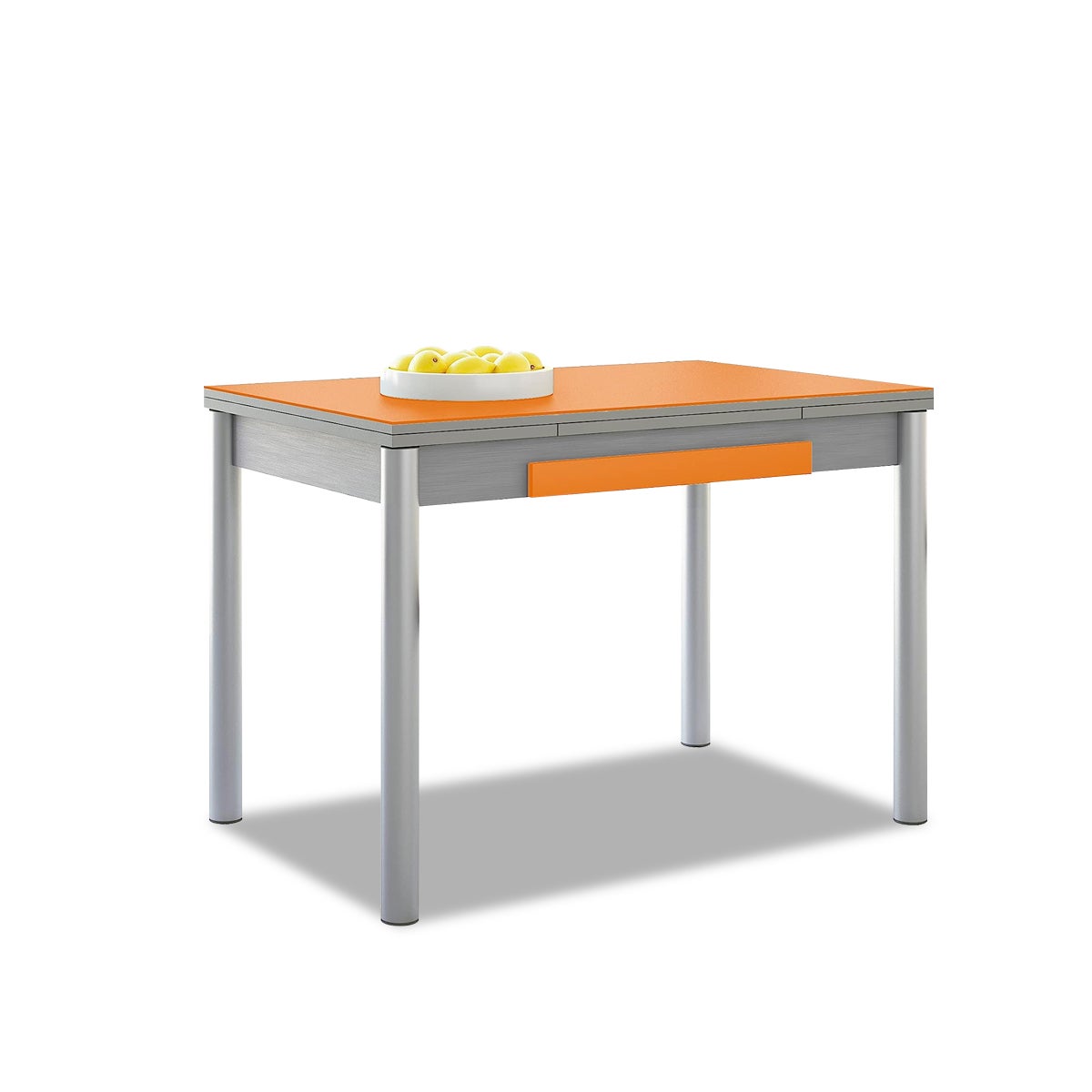 Mesa de cocina extensible 2 alas - 90x50 cm (140x50 cm) - estructura y alas color aluminio - tapa cristal color naranja