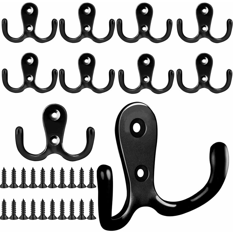10 sztuk czarnych wieszaków na ubrania, podwójne metalowe wieszaki na ubrania ze śrubami, haki łazienkowe, do półek, szuflad, łazienki, wieszaków na