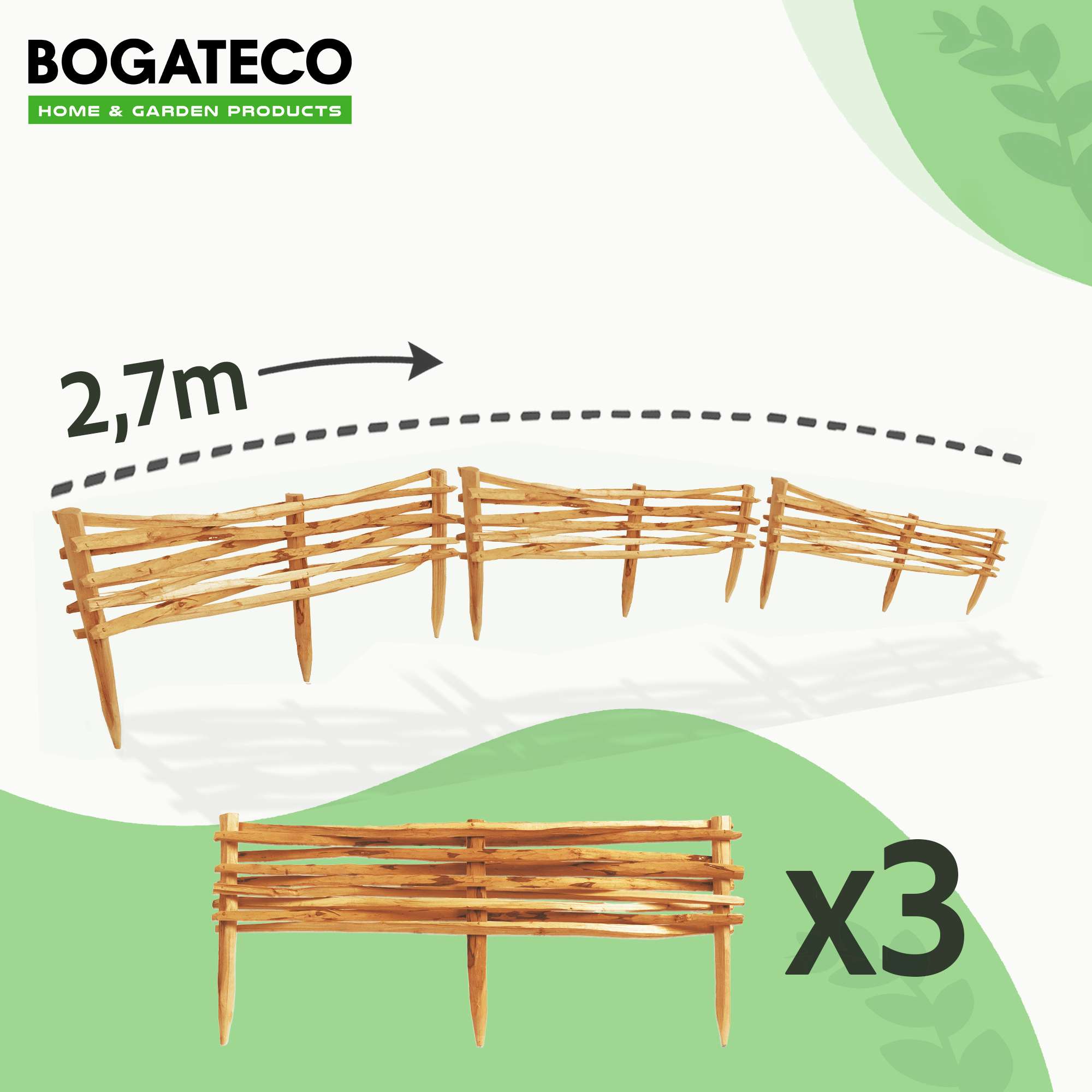 BOGATECO Lot de 3 Bordures de Jardin en Noisetier Brun - Longueur 90 cm - Hauteur 20 cm - Clôture à Planter Imprégnée - Support de Parterre - 3