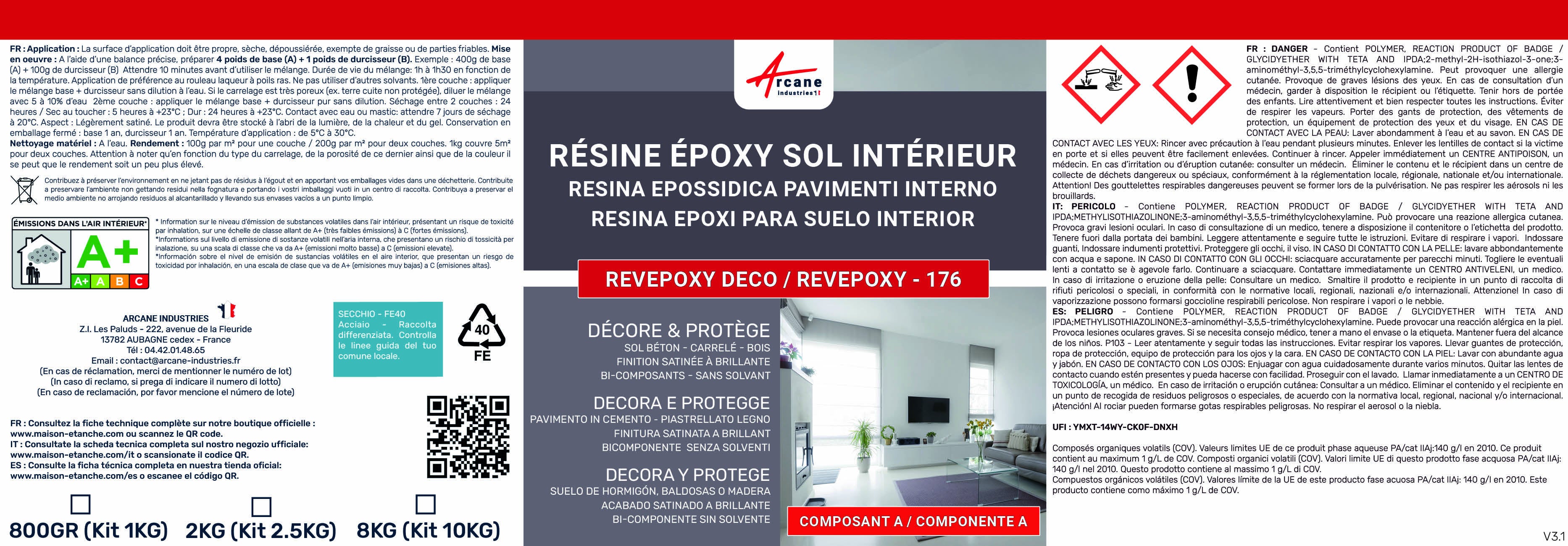 PEINTURE EPOXY SOL - REVEPOXY DECO - 10 kg (jusqu'à 50 m² en 2 couches) Vert Réséda - RAL 6011 - ARCANE INDUSTRIES - 6