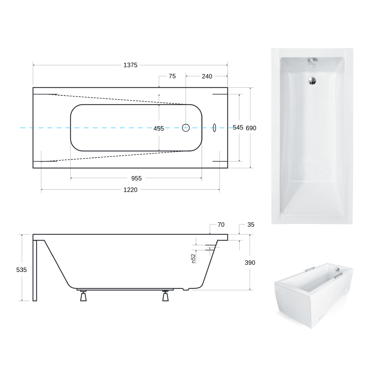 Baignoire rectangulaire de 140 x 70 cm - avec Tablier Blanc et Repose Tête OFFERT - MODERN - 4