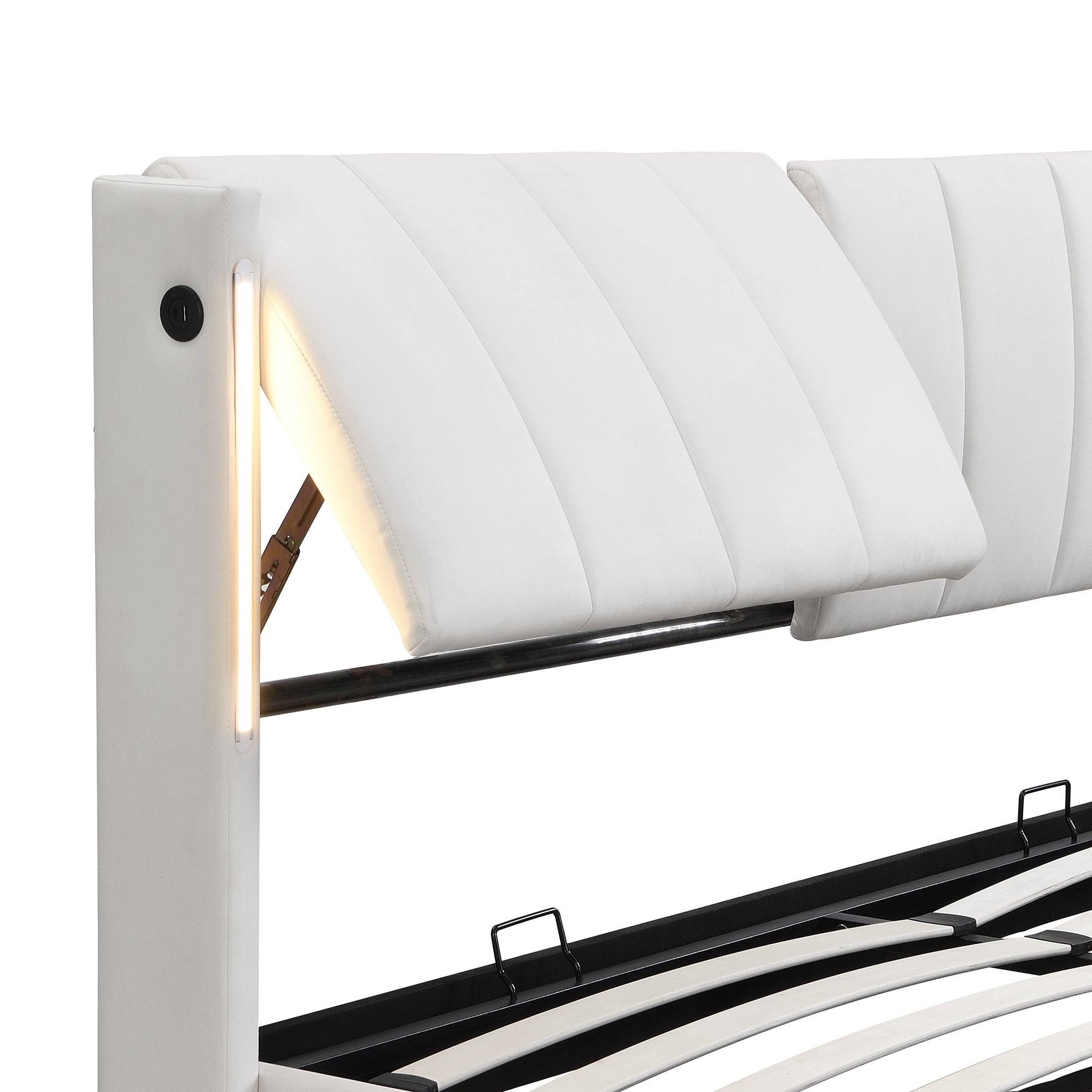 Cama contenedor tapizada en piel sintética - 160x200 cm - con puerto USB y LED - cabecero de ángulo ajustable - Blanco - 8
