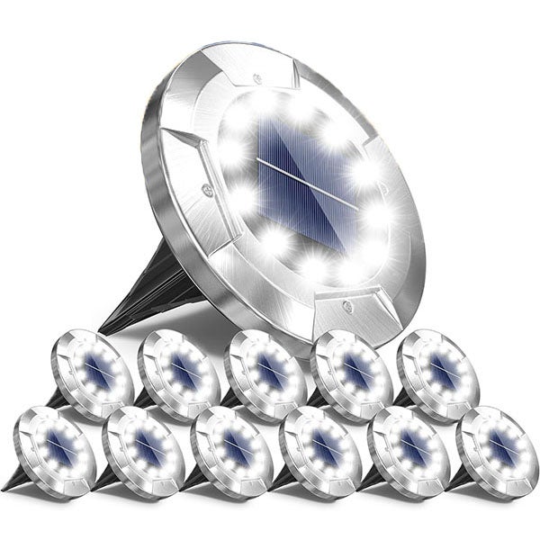 Zewnętrzne lampy solarne, lampy solarne do gruntu, oświetlenie ścieżek, oświetlenie krajobrazu, srebrne, światło białe, 12 sztuk