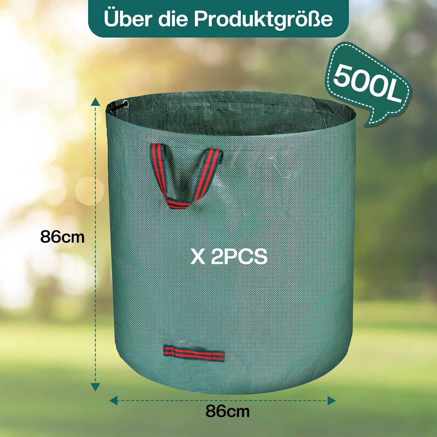 2 sacchetti per la spazzatura da giardino, 500 l, XXL, sacchetti per rifiuti da giardino, resistenti, pieghevoli e riutilizzabili, con manici antistrappo (2 pezzi, verde