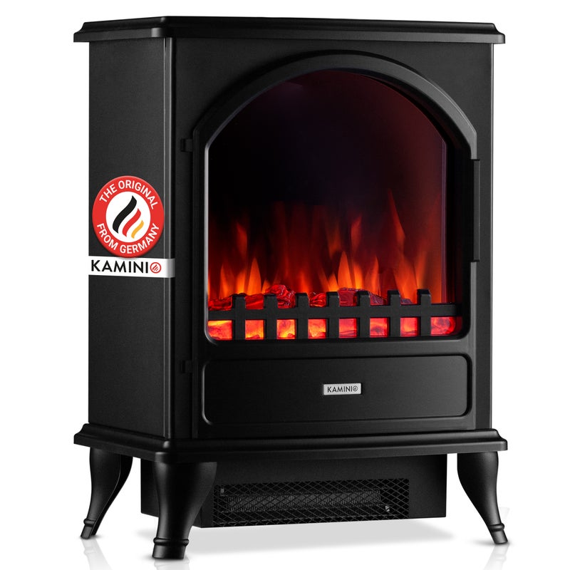 KAMINIO Kominek elektryczny LENI z rurą kominkową – elektryczny kominek z ogrzewaniem, efekt płomienia 3D – Czarny