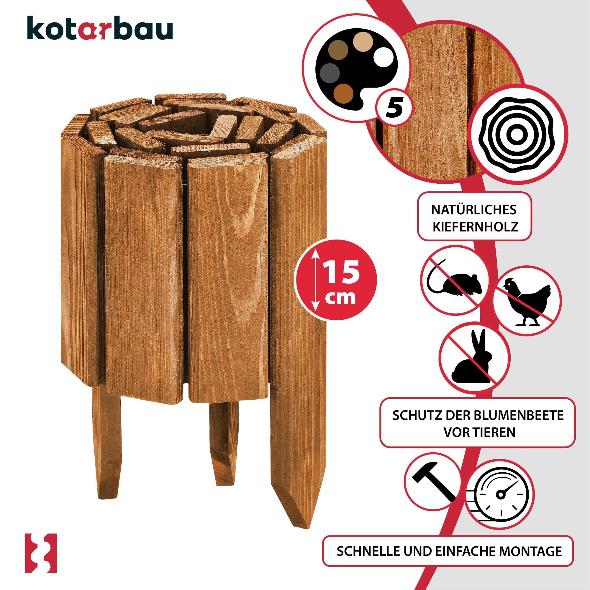 Mini Clôture Bois de Jardin Couleur Chêne 15x110 cm - Bordure de Pelouse - Palissade en Bois Anti-Rongeurs - Barrière Bois Jardin - KOTARBAU - 4