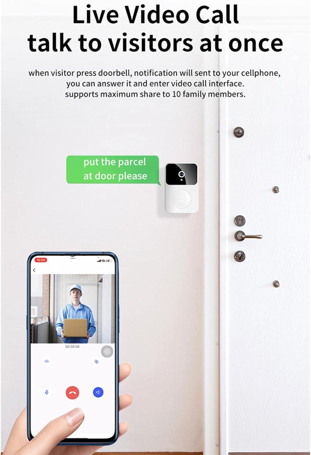 Sonnette sans fil avec caméra vidéo intelligente, Vision nocturne HD 1080P, sonnette de sécurité Rechargeable WiFi - 3
