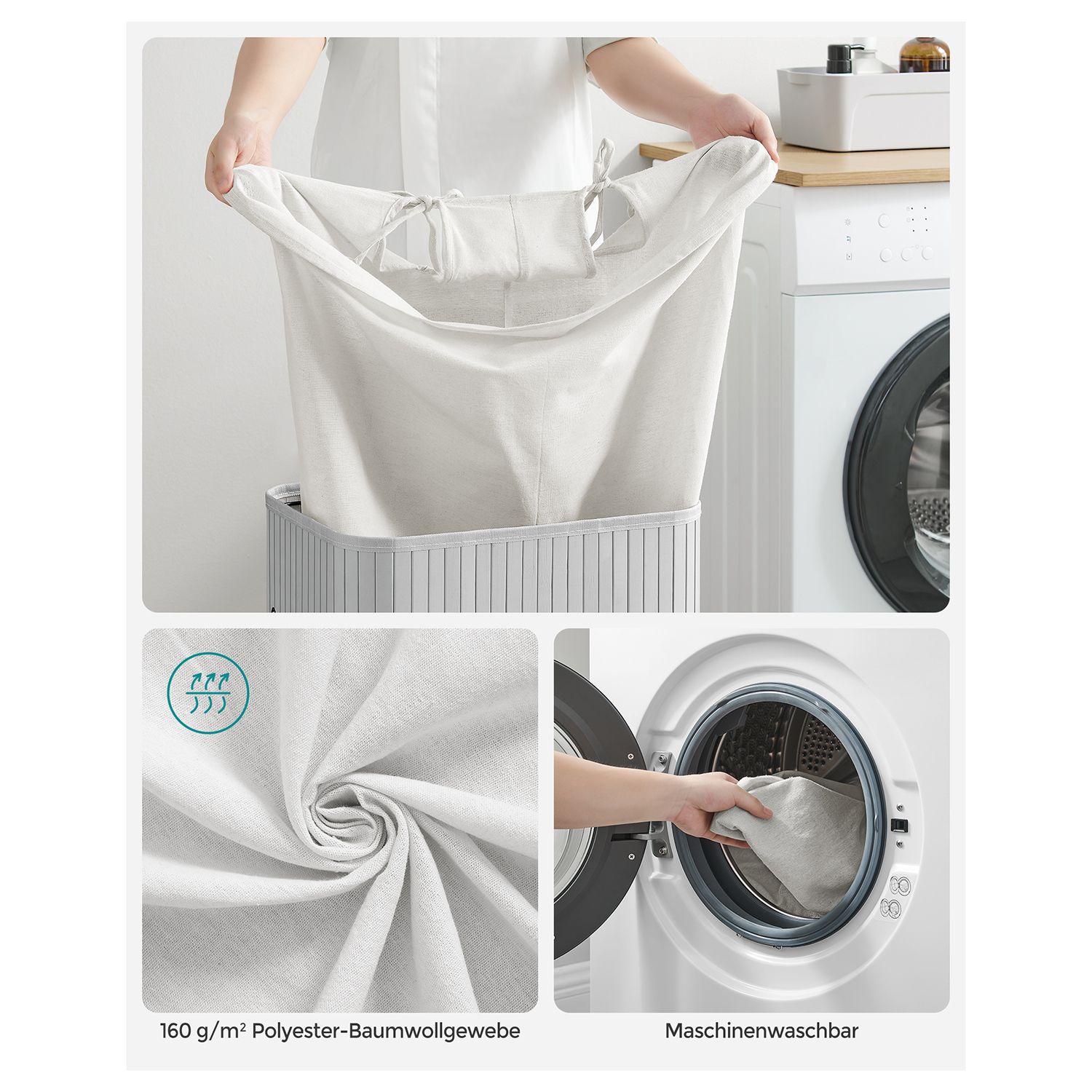 Cesto Ropa Sucia Con Tapa, Bambú Y Tela, Plegable, 35x35x50 Cm Con