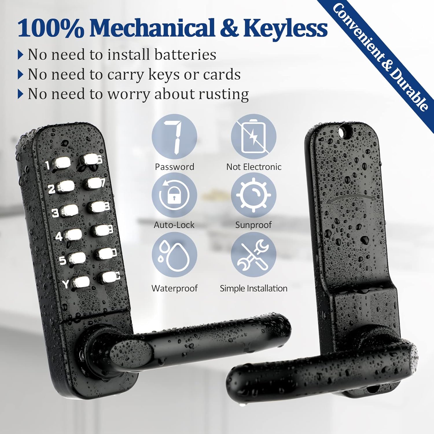 (nero) Serratura meccanica senza chiave con pomello della porta con tastierino, tastiere impermeabili con maniglia, serratura digitale per porta in - 2