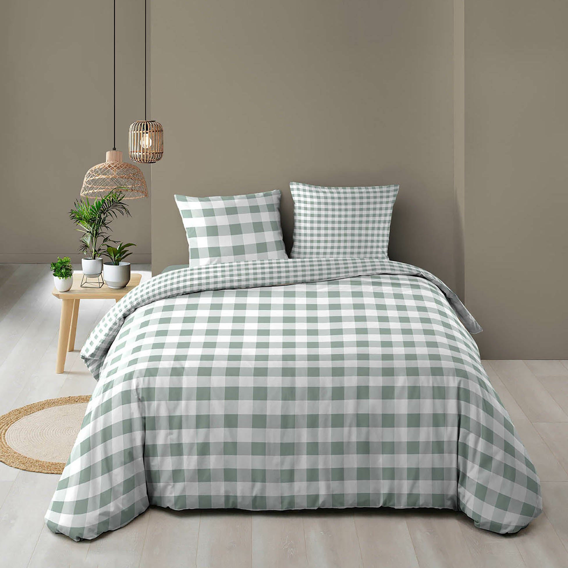 Set 3 pezzi di biancheria da letto in cotone a quadretti, copertina + federe - Salvia - 240 X 220 - 5
