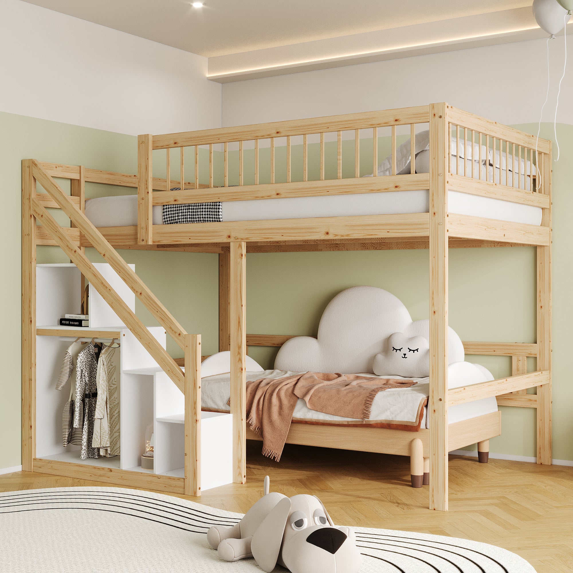 Letto In Legno Massello 140x200, Scala Con Mobile Contenitore, Ringhiera Alta, Letto Per Bambini Letto Per Ragazzi Colore Legno 98777942