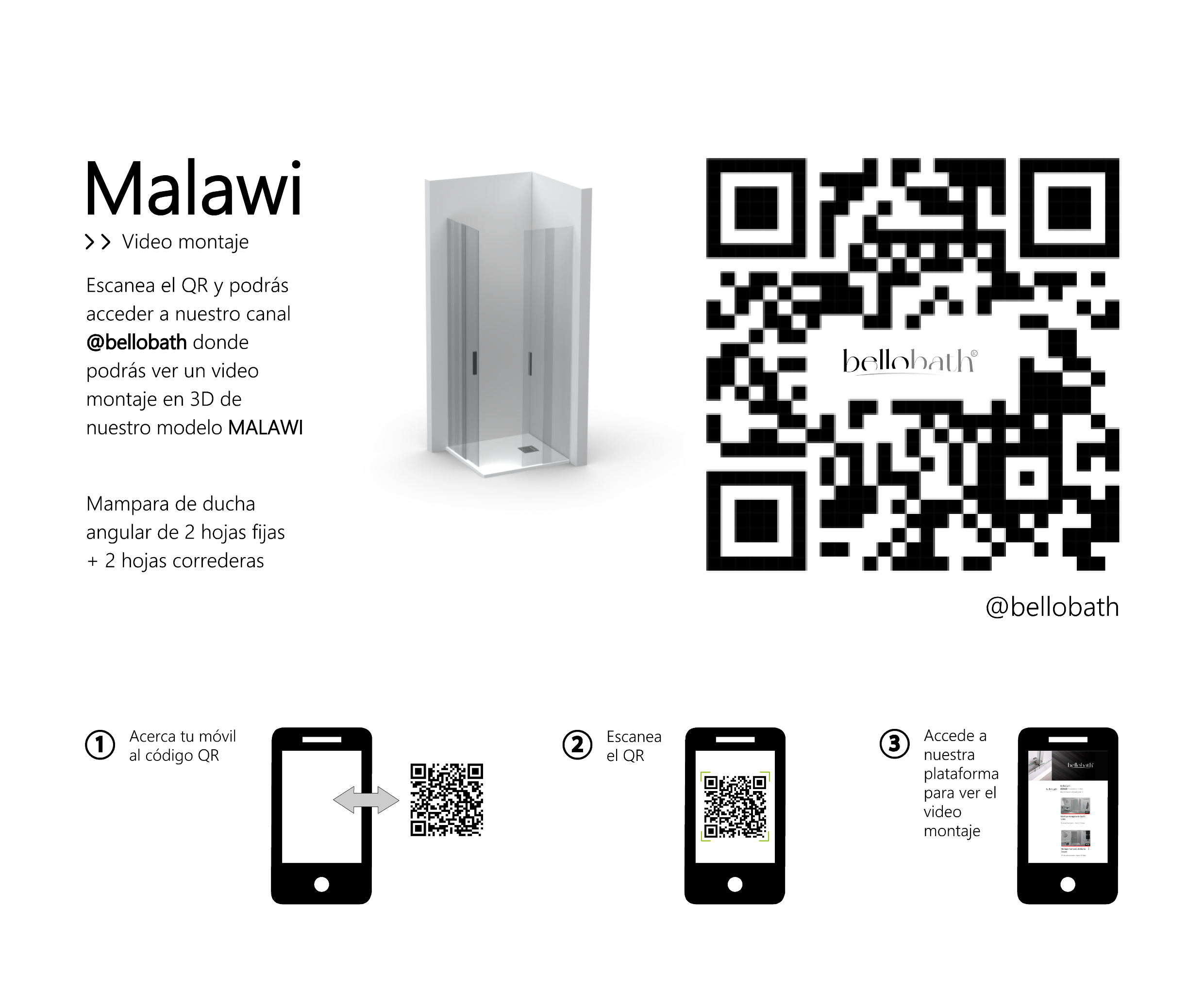 BELLOBATH - Paroi de duche angular com 2 portas deslizantes + 2 fixas - Vidro temperado - Preto - Largura adaptável 67-69 x 137-139 cm - Alto 195 cm - 6