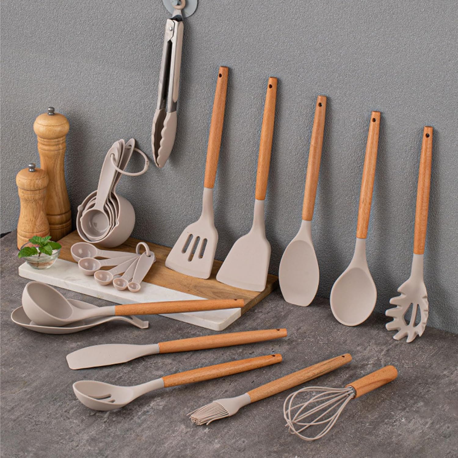 Lote 12 Utensilios de Cocina de Silicona y Mango de Madera con Soporte - 2