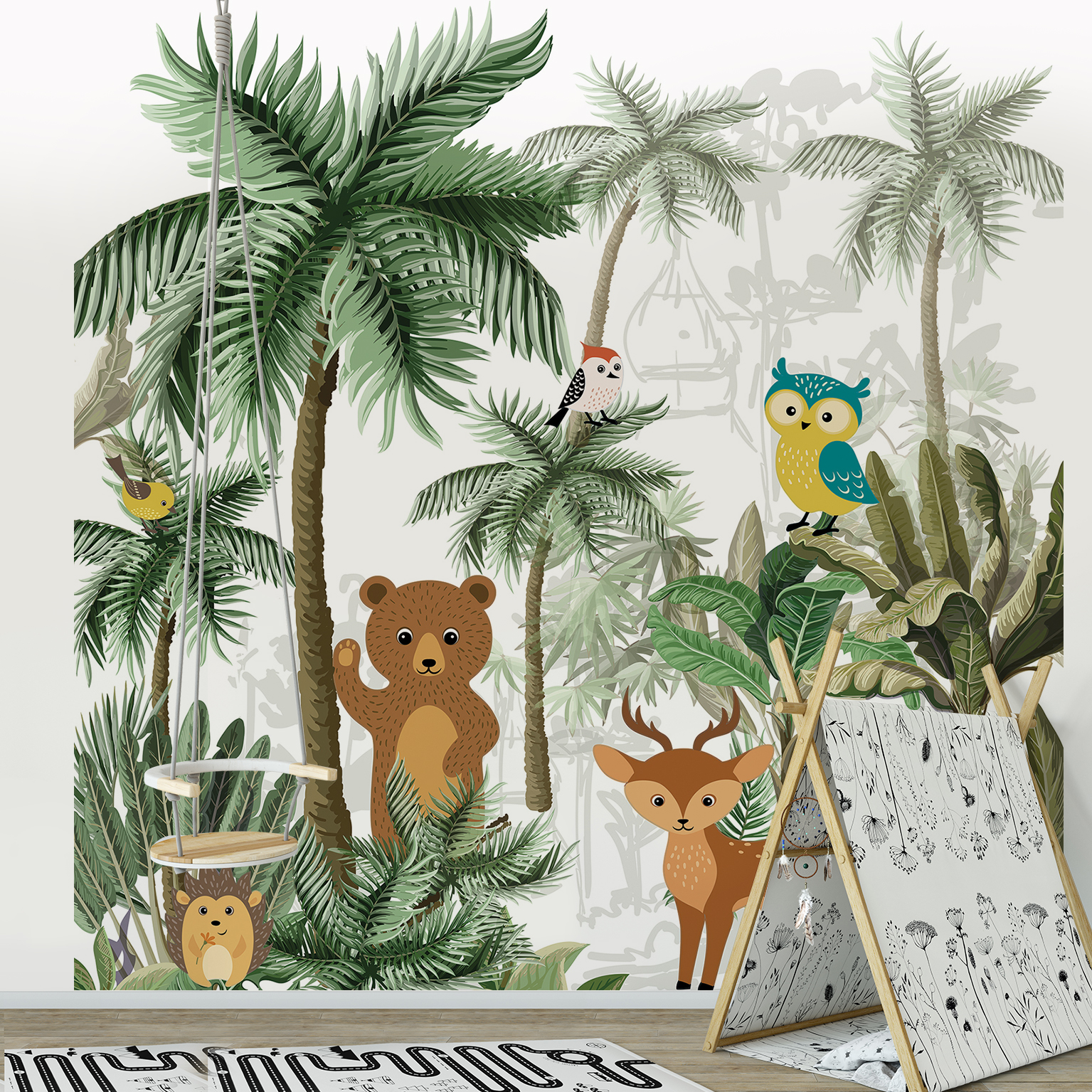 Papelera panorámica insaded, papel introductivo, ilustraciones de animales de bosque, sala de niños, 250 cm x 250 cm