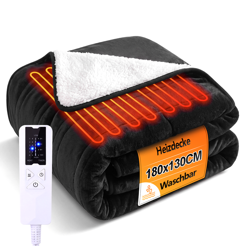 NETTLIFE Patura Electrica 180x130cm Negru, 6 Niveluri, Timer 2-10H, Fata Dubla, Lavabila