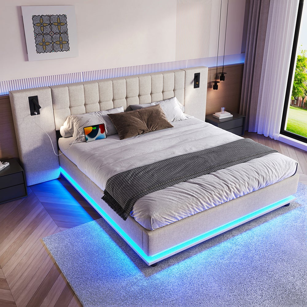 AOGLLATI Letto Matrimoniale 180×200 Cm, Struttura Letto Con Illuminazione A Led E Stazione Di Ricarica Letto In Metallo Con Effetto Visivo Fluttuante Per Camera Da Letto Stile Minimalista Ne