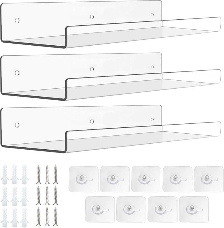 Zestaw 3 akrylowych półek ściennych, 38 cm, idealny do sypialni, łazienki, salonu, kuchni i dekoracji pokoju (przezroczysty)