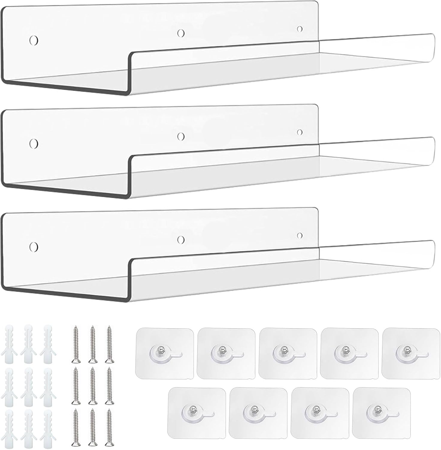 Zestaw 3 akrylowych półek ściennych, 38 cm, do sypialni, łazienki, salonu, kuchni i wystroju pokoju (przezroczyste)