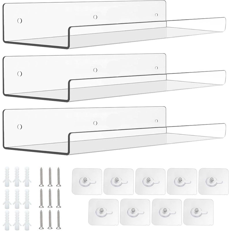 Zestaw 3 akrylowych półek ściennych, 38 cm, do sypialni, łazienki, salonu, kuchni i wystroju pokoju (przezroczyste)