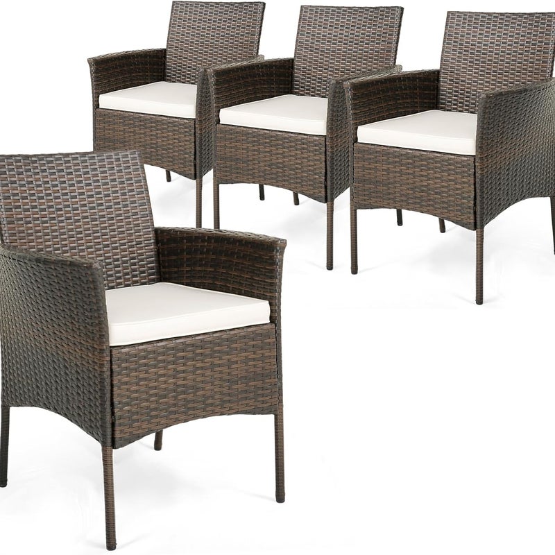 Zestaw 4 krzeseł rattanowych do użytku na zewnątrz, plecionka PE, metalową ramą i zakrzywionymi podłokietnikami, rattanowe krzesła do jadalni na