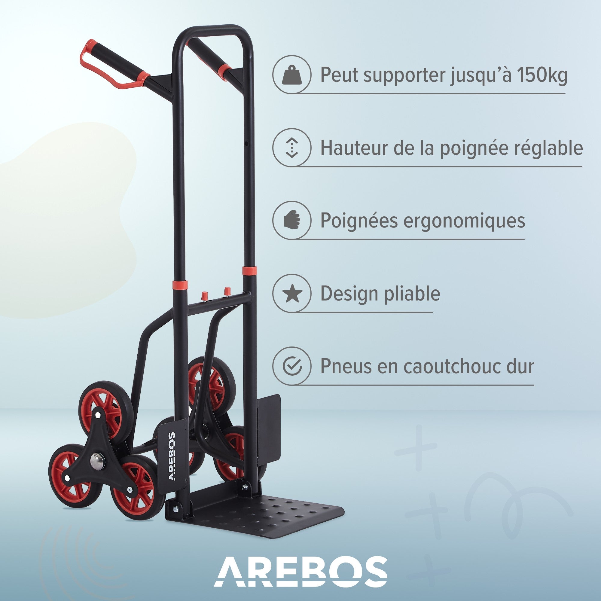 AREBOS Diable pour escaliers Diable pour escaliers pliable avec pneus en caoutchouc dur & cadre en acier Diable de transport - 3