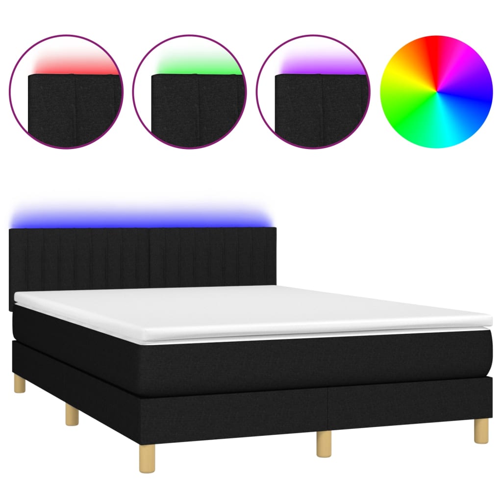 Lit boxspring avec matelas et lumières LED, tissu noir, 140x190 cm ...