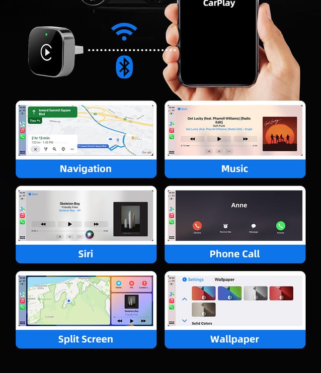 Adaptateur CarPlay sans fil pour iPhone, mise à niveau 2025&nbsp;: filaire vers sans fil avec extension USB-A et Type-C, Plug and Play - 7