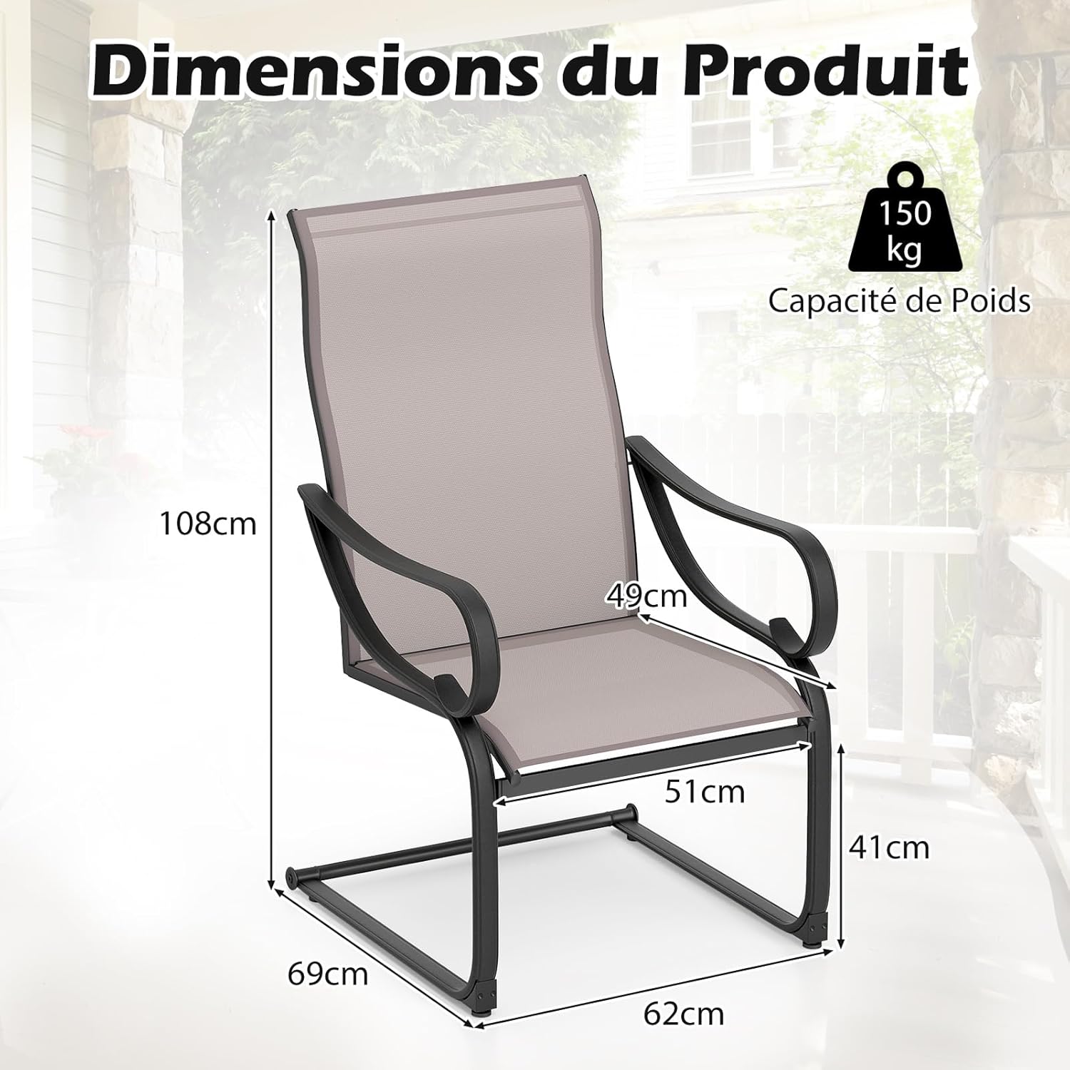 Set di 2 Sedie Pranzo da Giardino a Forma di C, Sedie da Esterno con Schienale Alto e Tessuto a Rete, Sedia in Metallo Super Resistenti per Gi - 3