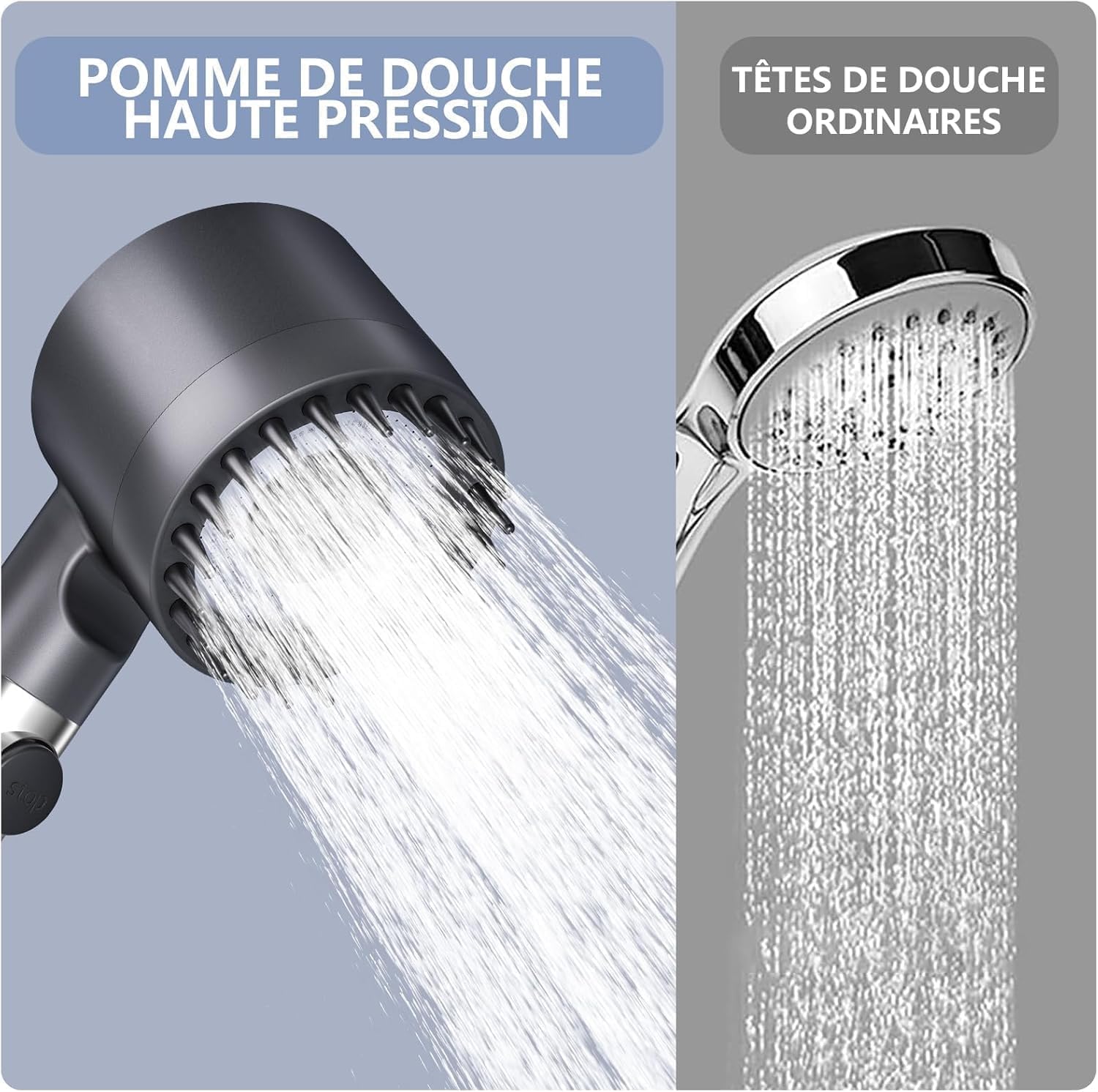 Pommeau de douche haute pression anticalcaire avec flexible de 1,5 m et support de douche, 4 types de jets, gris - 7