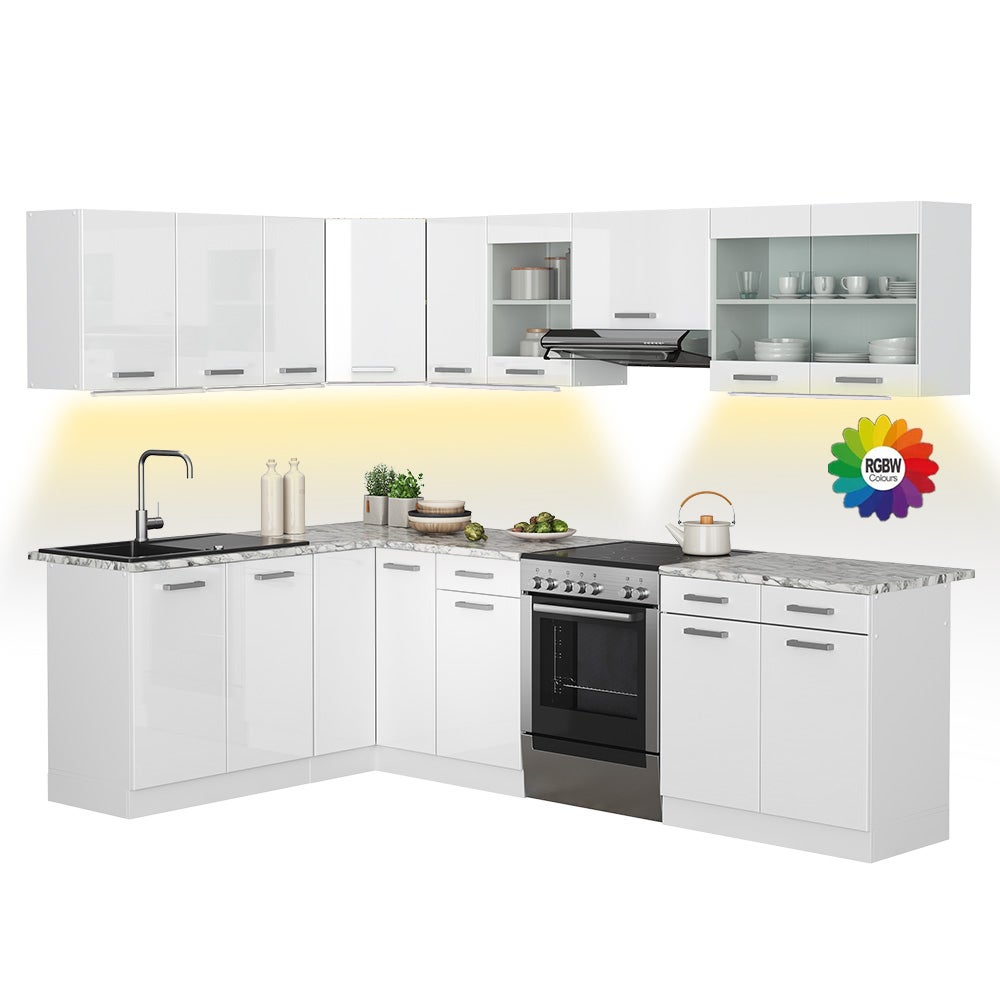 Vicco Kuchnia narożna Rick, Biały wysoki połysk/biały, 270 x 60 cm , BP Marmur z taśmą LED