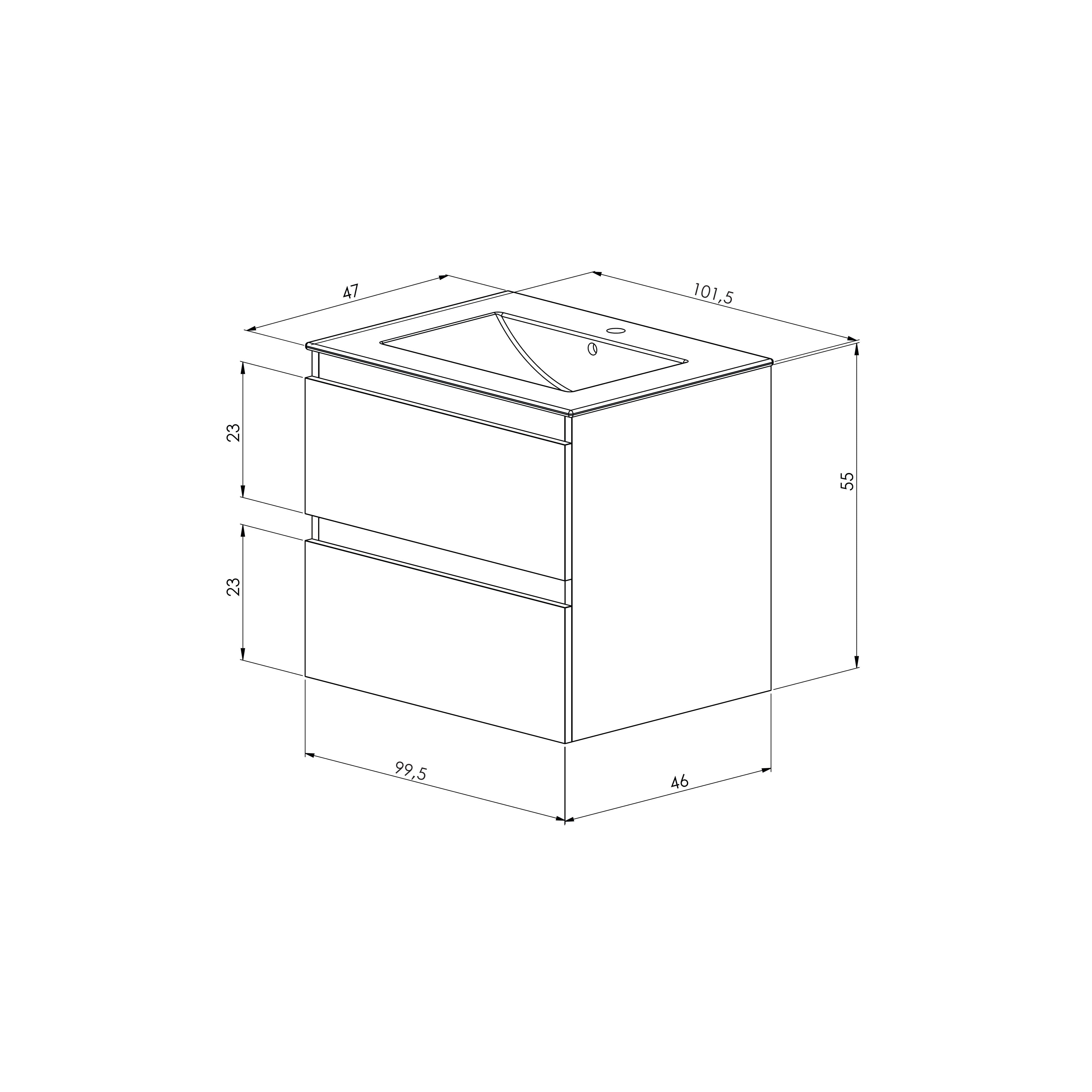 BELLOBATH - Meuble Salle de Bain avec Plan Vasque en Céramique, Meuble Monté avec 2 Tiroirs, 100 x 55 x 46 cm, Meuble Chêne - 4