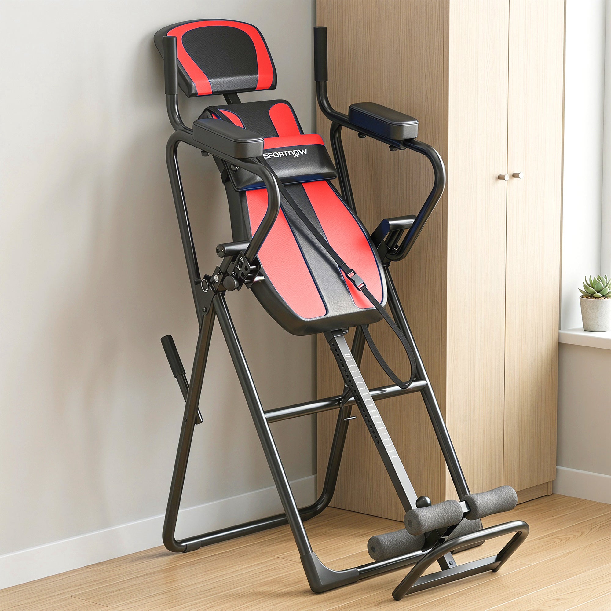 Mesa inversão dobrável, flexões/apoios, altura ajustável 155-198 cm, 3 ângulos, cinto vermelho. - 7