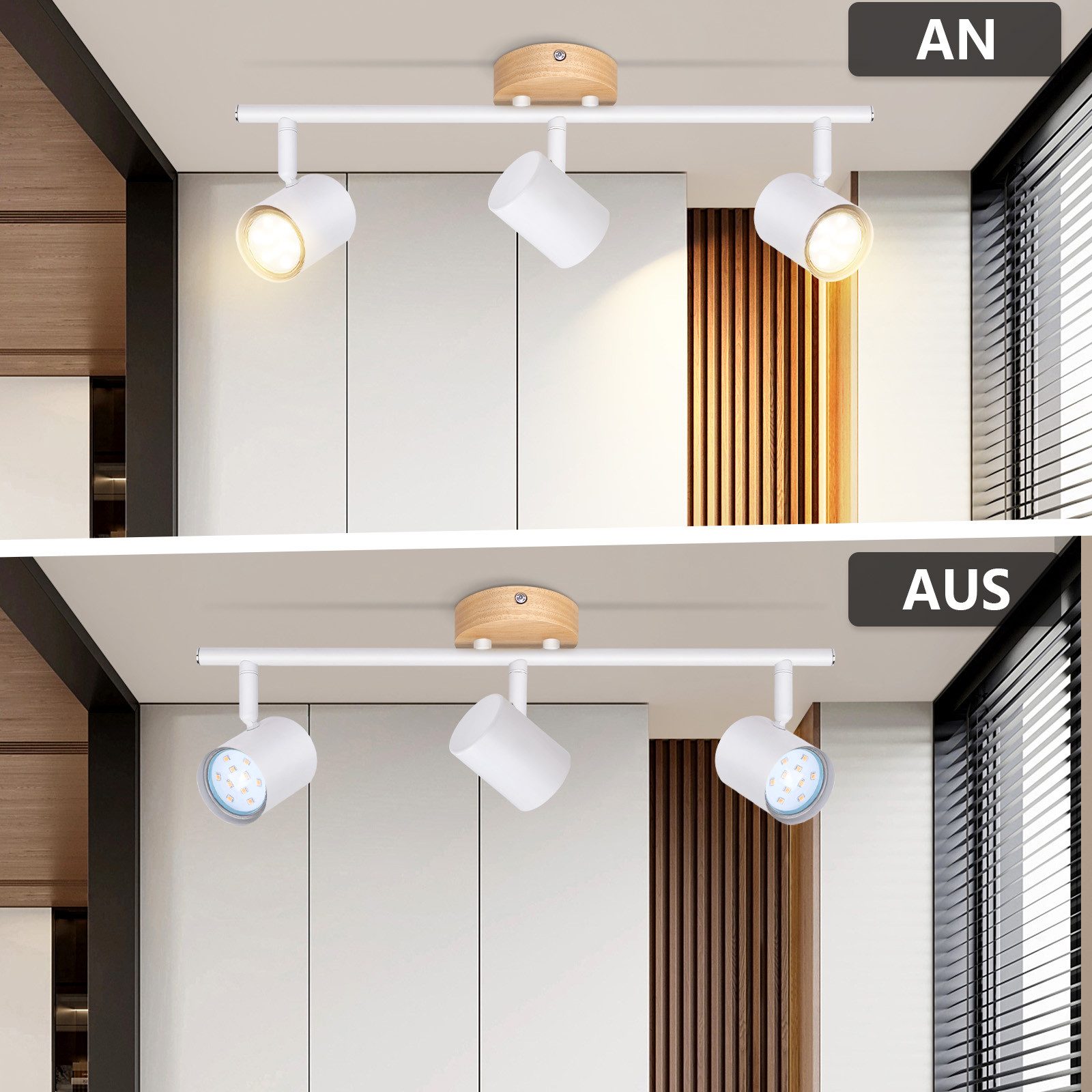 NETTLIFE LED a soffitto 3 fiamma - Bianco Faretto orientabile GU10 a soffitto Applique in legno Applique per soggiorno Senza lampadina - 6